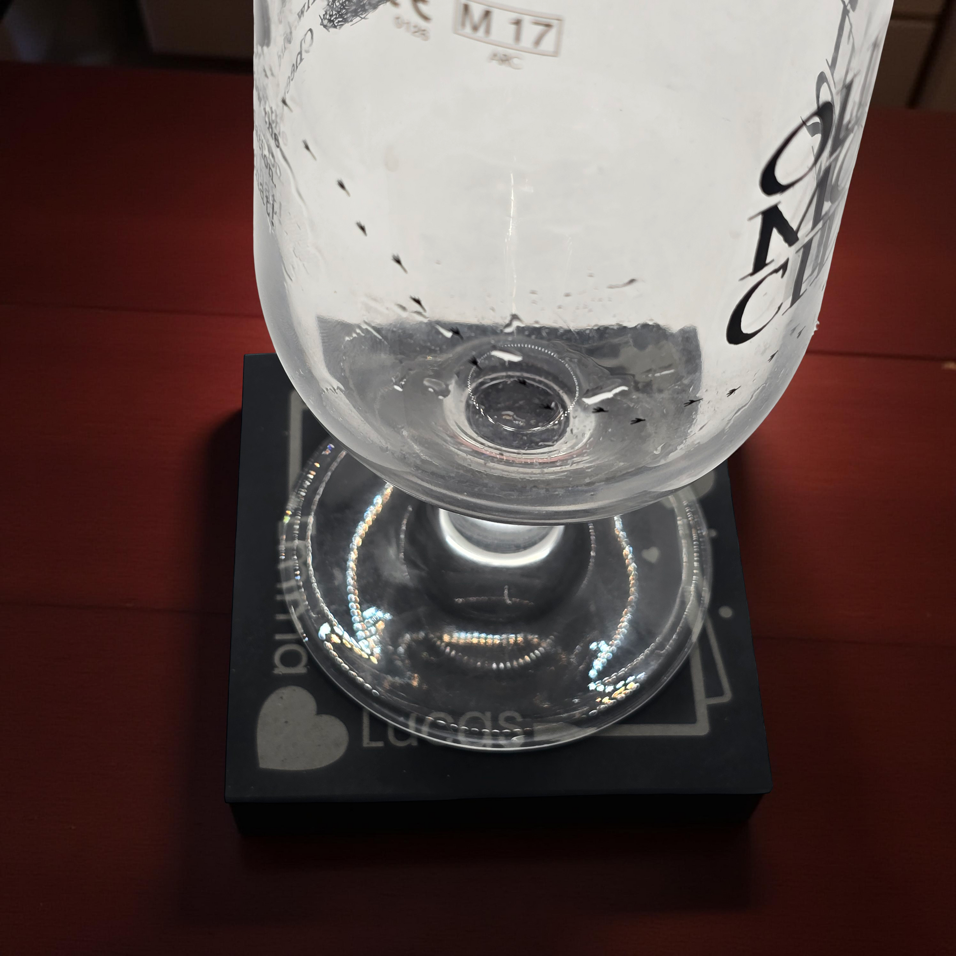 Clear glass with engraved text on a slate coaster