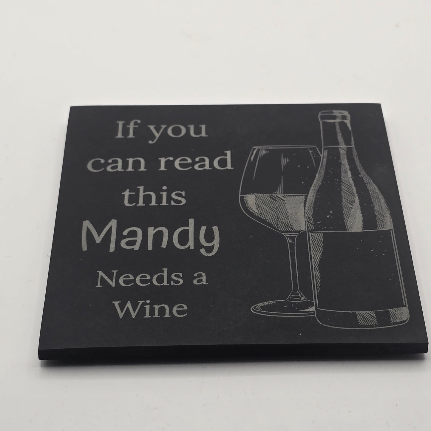 custom slate coaster with wine bottle and glass illustration and funny quote