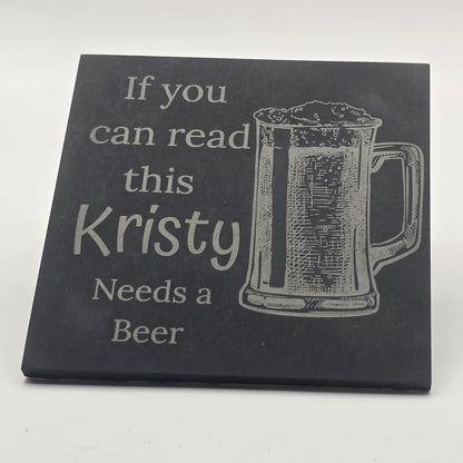 custom slate beer mat with a beer mug engraving and funny quoted text