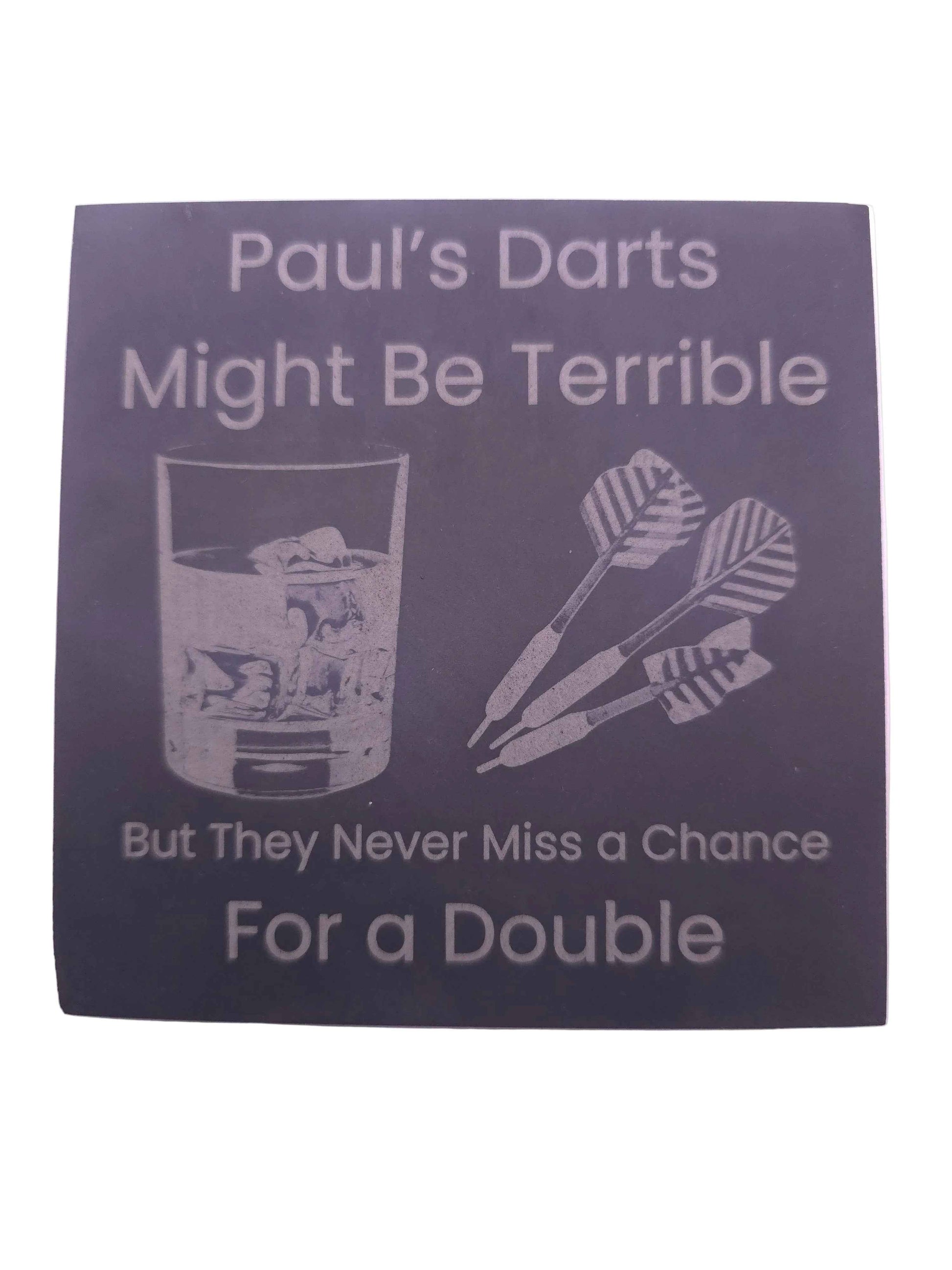 Personalised Darts Slate Coaster – "Never Miss a Double"