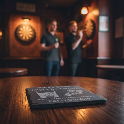personalised darts themed slate coaster on a pub table