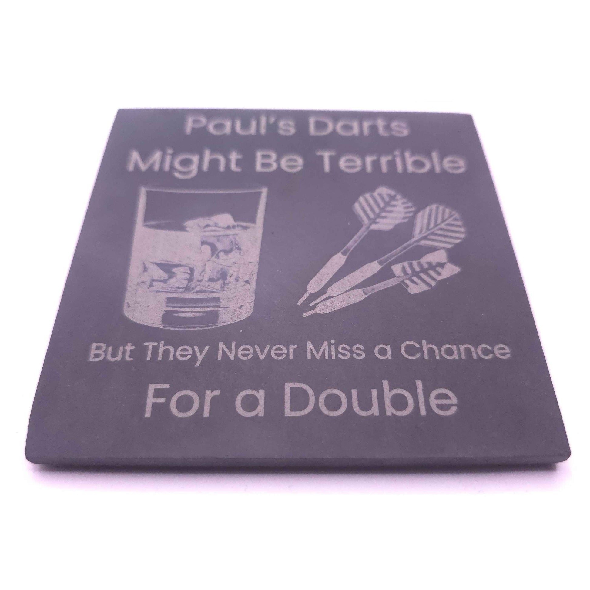 Personalised Darts Slate Coaster – "Never Miss a Double"