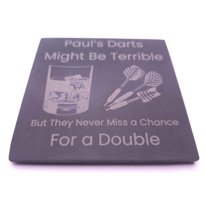 Personalised Darts Slate Coaster – "Never Miss a Double"