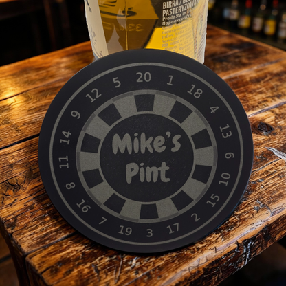 customised beer mat with mikes pint text engraved in the centre of a dartboard
