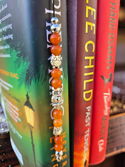 Handmade Elastic Wraparound Bookmark - Beaded Owl Charm Book Thong