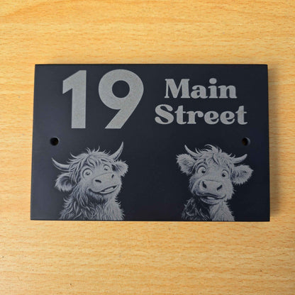 Highland Cow Slate House Sign with House Number and Street