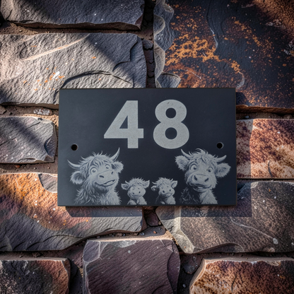 Highland Cow Family Slate House Sign with House Number