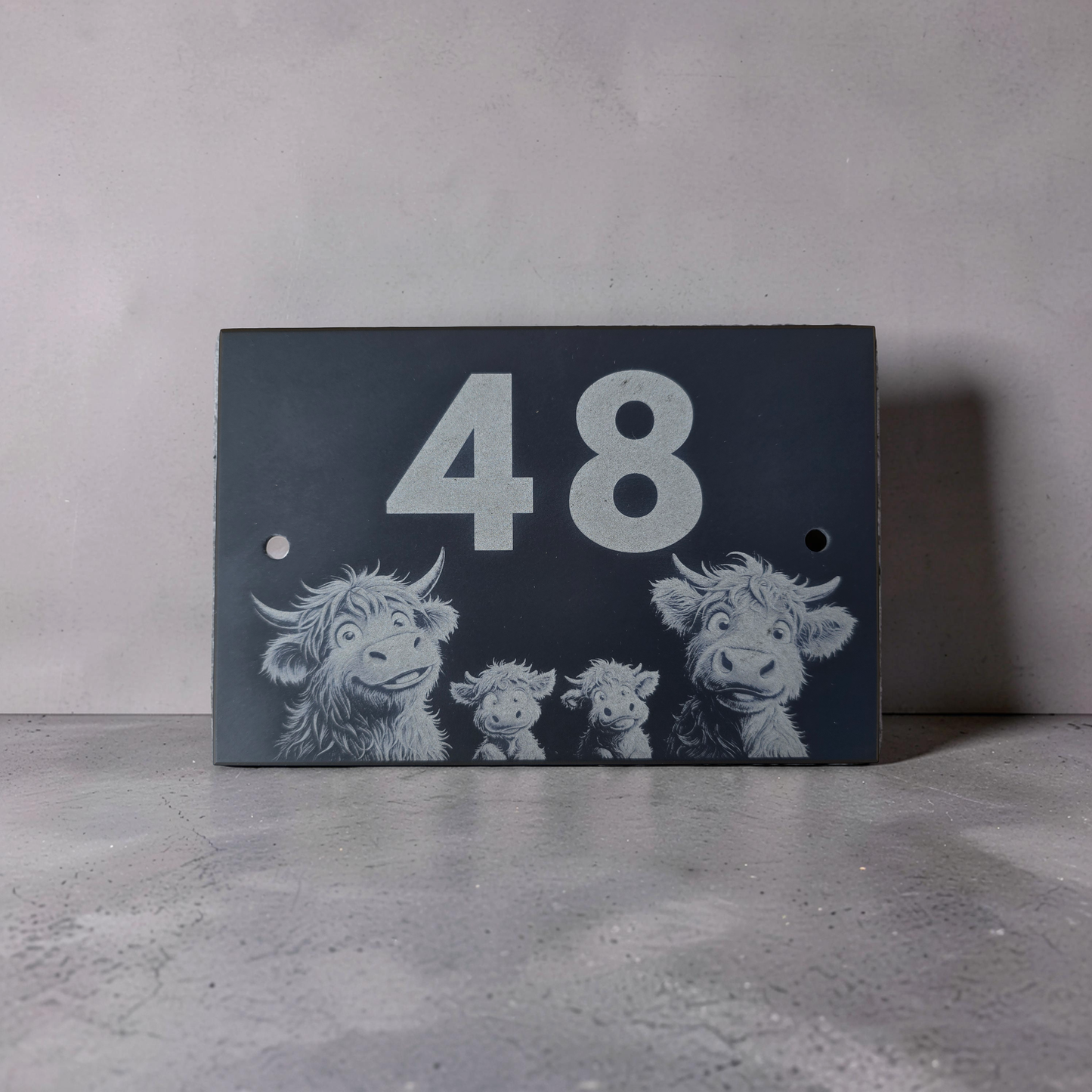 Highland Cow Family Slate House Sign with House Number