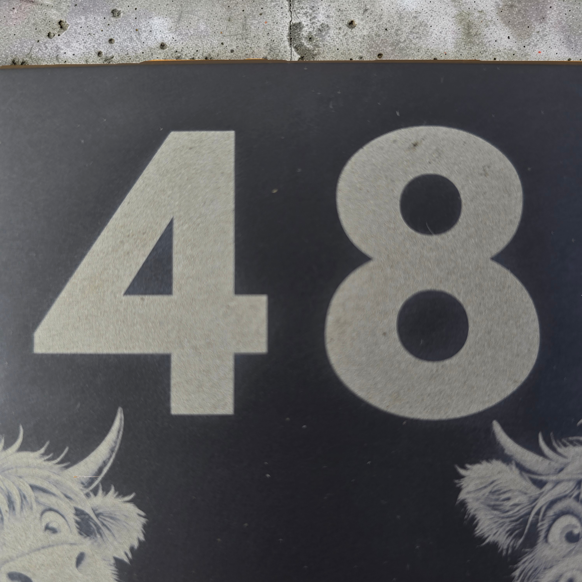House number '48' on a dark background with decorative elements.