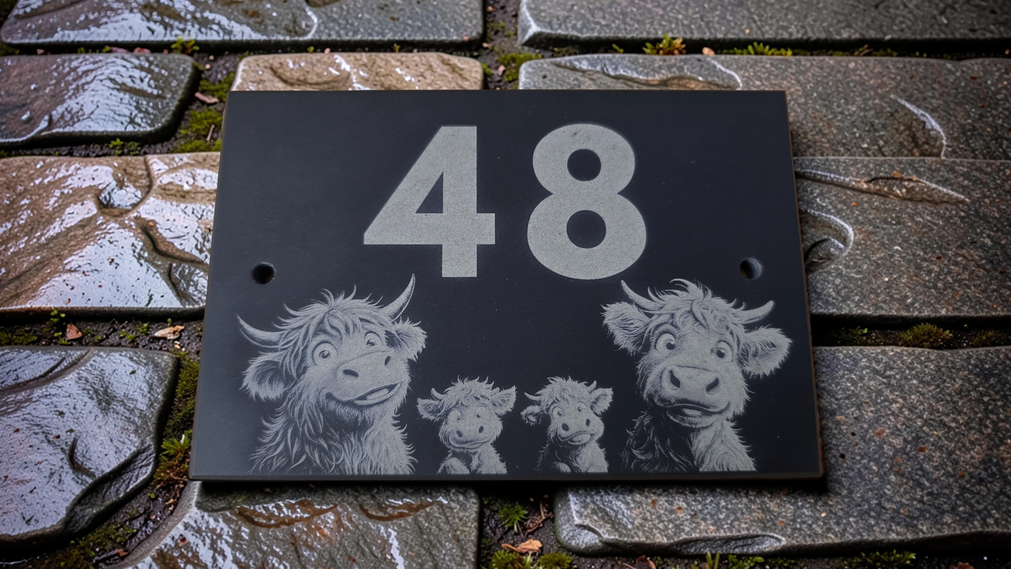 Highland Cow Family Slate House Sign with House Number