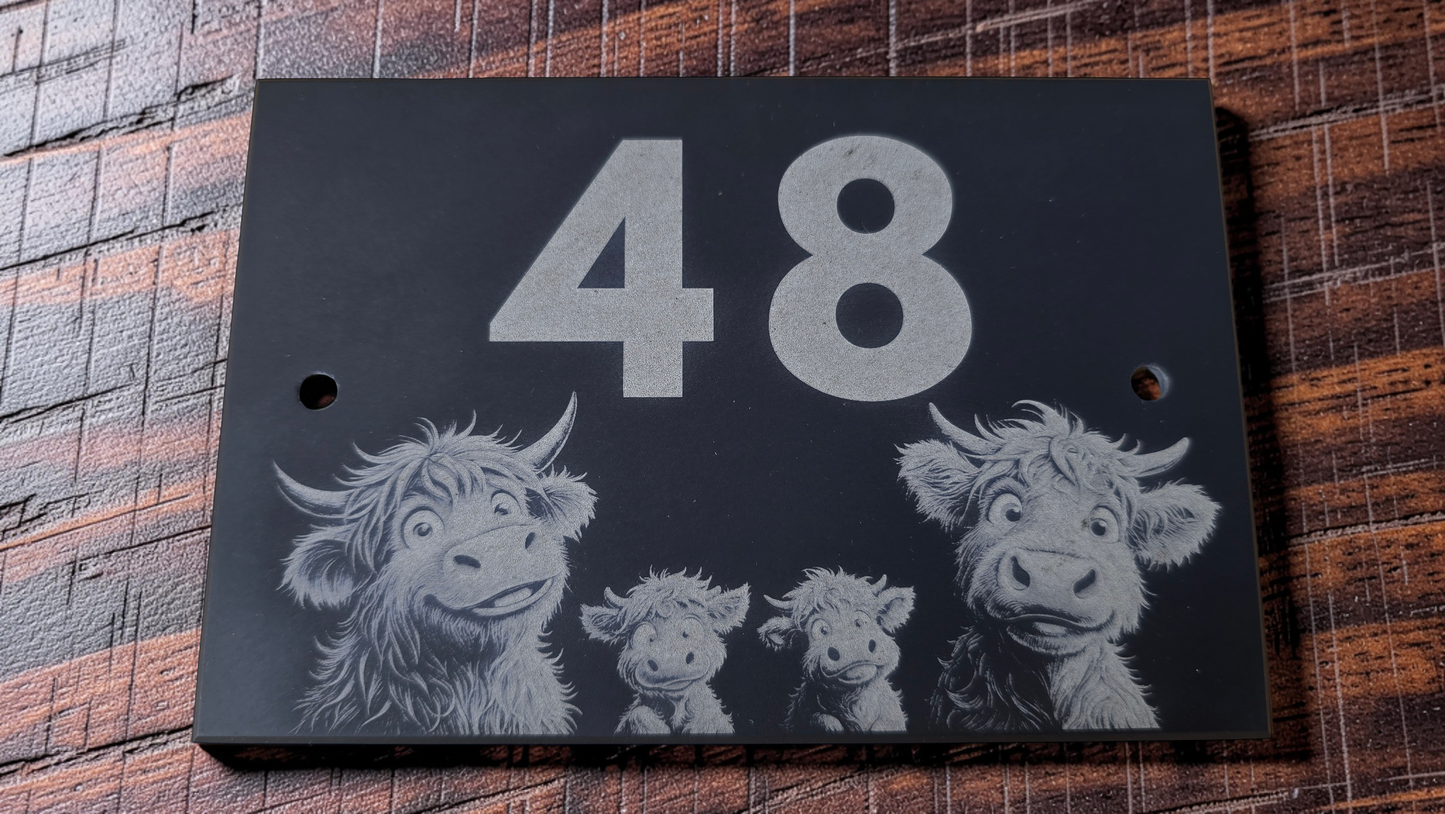 Highland Cow Family Slate House Sign with House Number