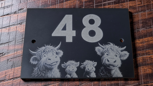 Highland Cow Family Slate House Sign with House Number