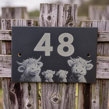 Highland Cow Family Slate House Sign with House Number