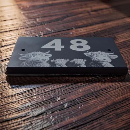 Highland Cow Family Slate House Sign with House Number