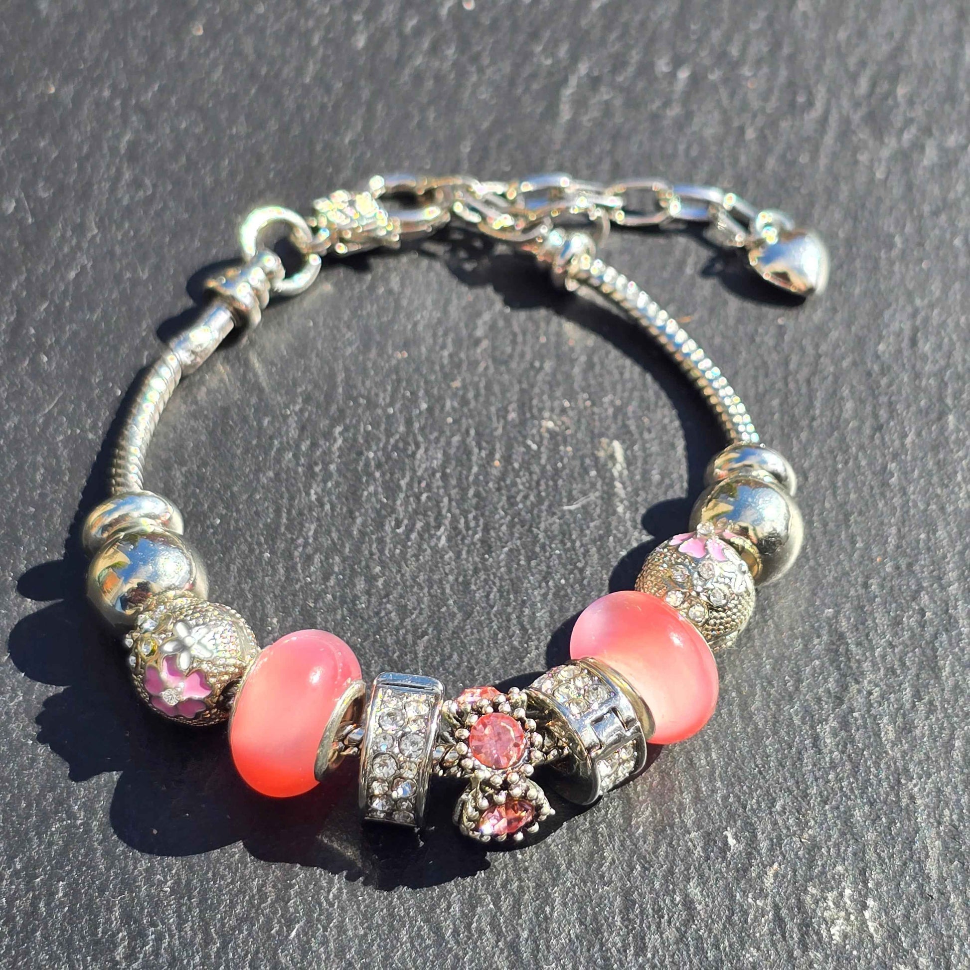 Pink Floral Charm Bracelet - Stainless steel snake chain band