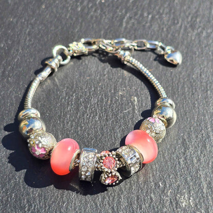 Pink Floral Charm Bracelet - Stainless steel snake chain band