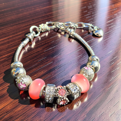 Pink Floral Charm Bracelet - Stainless steel snake chain band