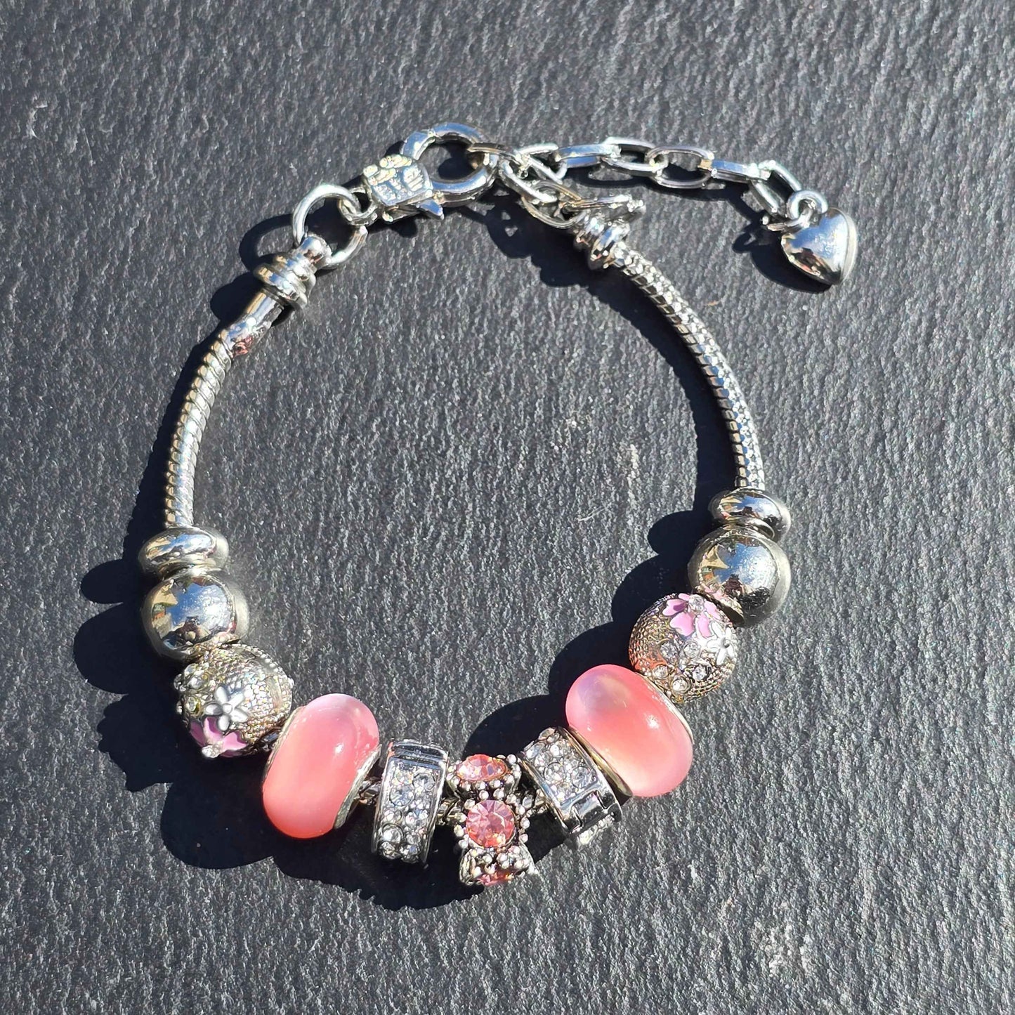 Pink Floral Charm Bracelet - Stainless steel snake chain band