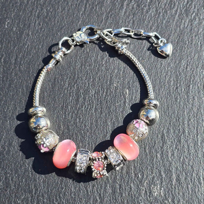 Pink Floral Charm Bracelet - Stainless steel snake chain band