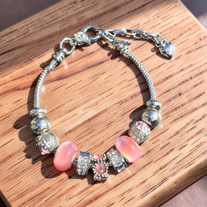 Pink Floral Charm Bracelet - Stainless steel snake chain band