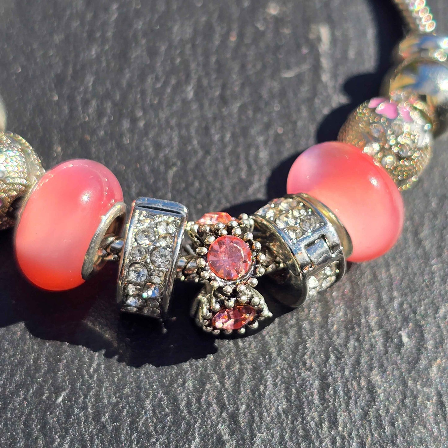 Pink Floral Charm Bracelet - Stainless steel snake chain band