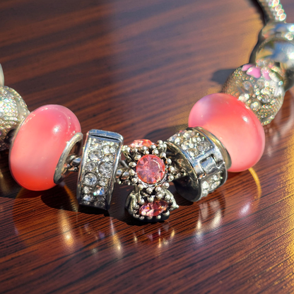 Pink Floral Charm Bracelet - Stainless steel snake chain band