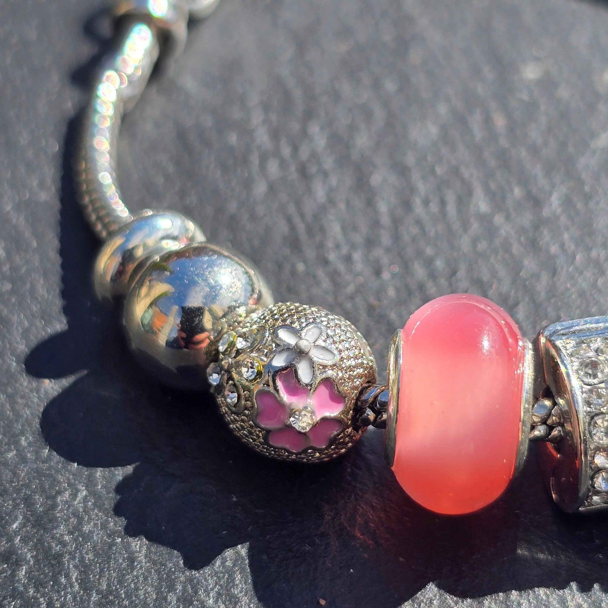 Pink Floral Charm Bracelet - Stainless steel snake chain band