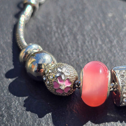 Pink Floral Charm Bracelet - Stainless steel snake chain band