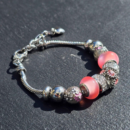 Pink Floral Charm Bracelet - Stainless steel snake chain band