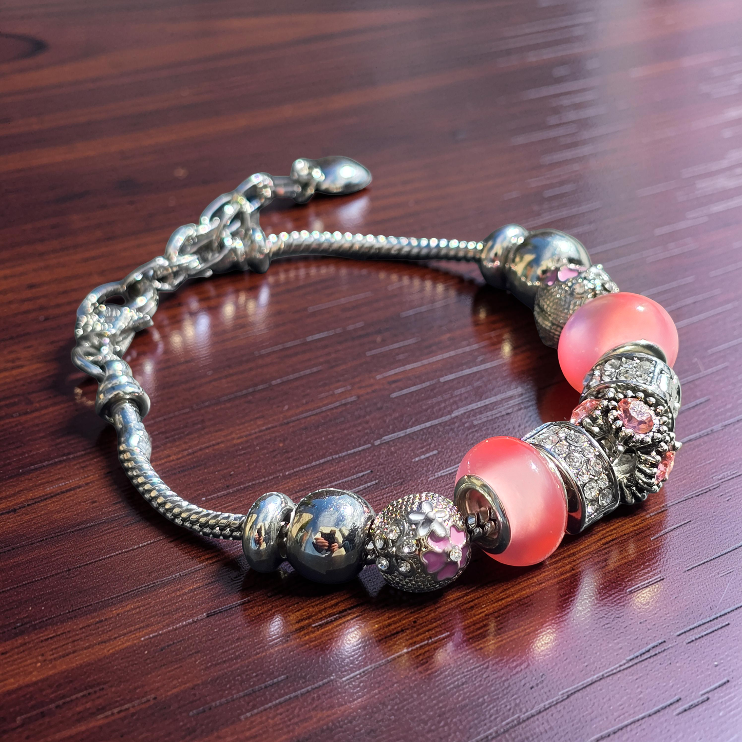 Pink Floral Charm Bracelet - Stainless steel snake chain band