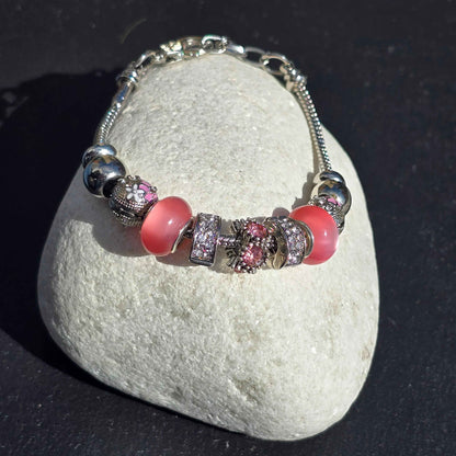 Pink Floral Charm Bracelet - Stainless steel snake chain band