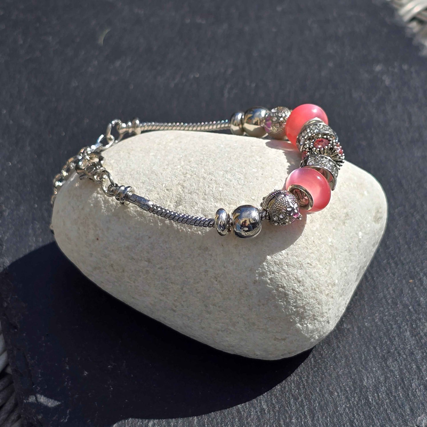 Pink Floral Charm Bracelet - Stainless steel snake chain band