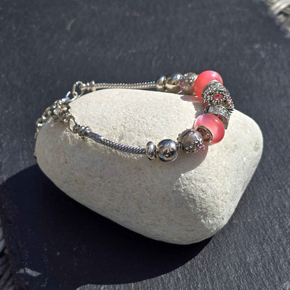 Pink Floral Charm Bracelet - Stainless steel snake chain band