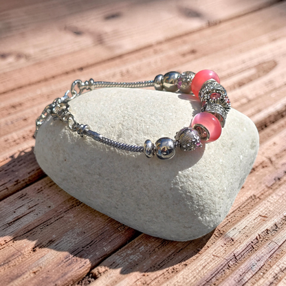 Pink Floral Charm Bracelet - Stainless steel snake chain band