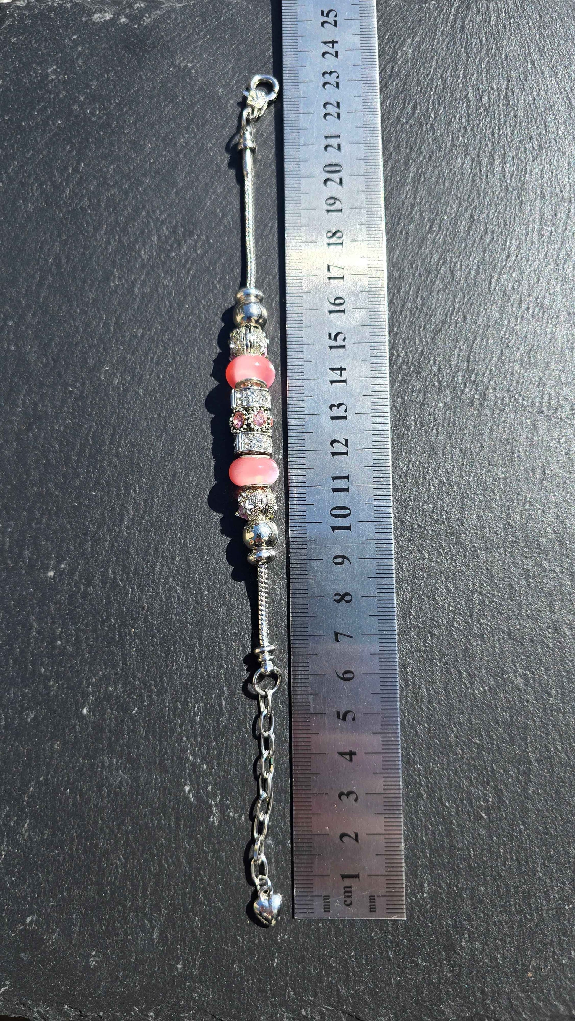 Pink Floral Charm Bracelet - Stainless steel snake chain band