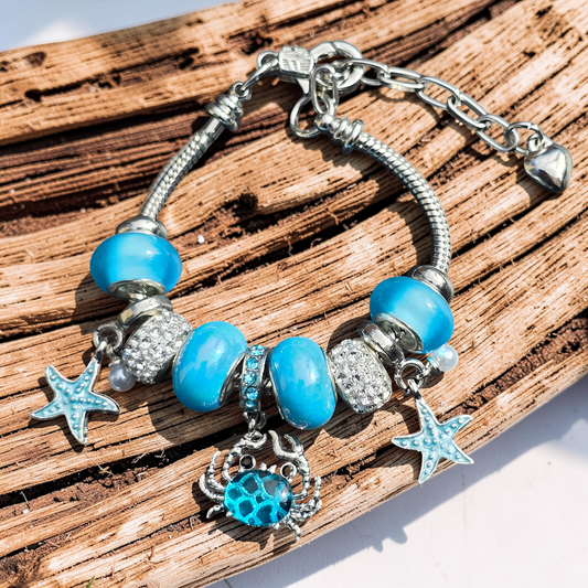 Blue Crab & Starfish Snake Chain Charm Bracelet