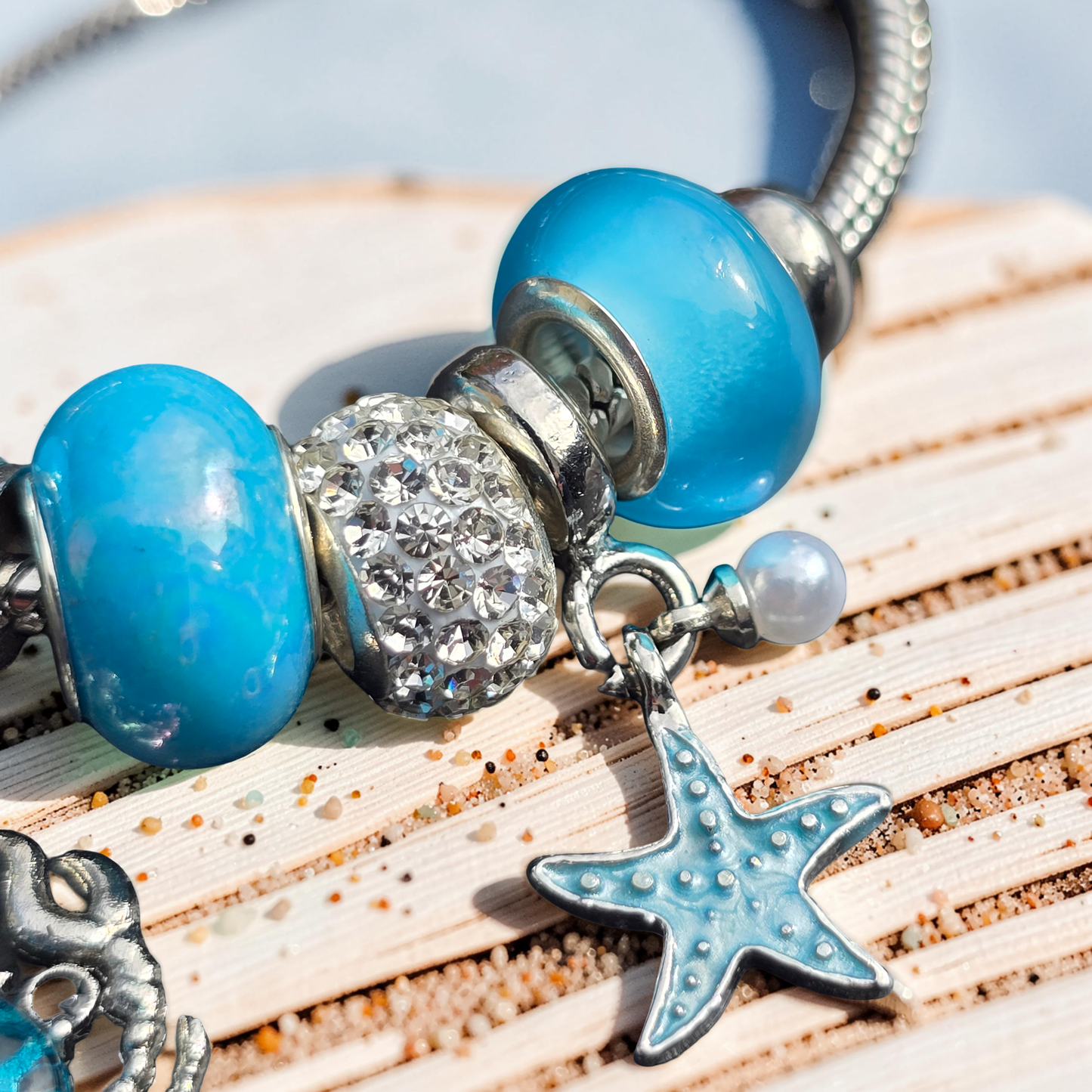 Blue Crab & Starfish Snake Chain Charm Bracelet