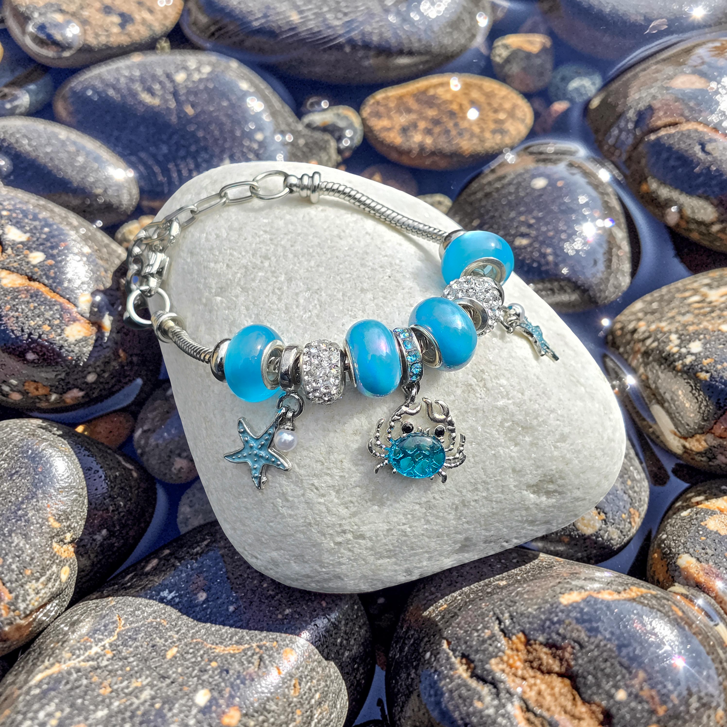 Blue Crab & Starfish Snake Chain Charm Bracelet