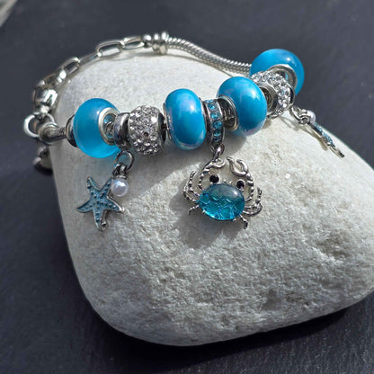Blue Crab & Starfish Snake Chain Charm Bracelet