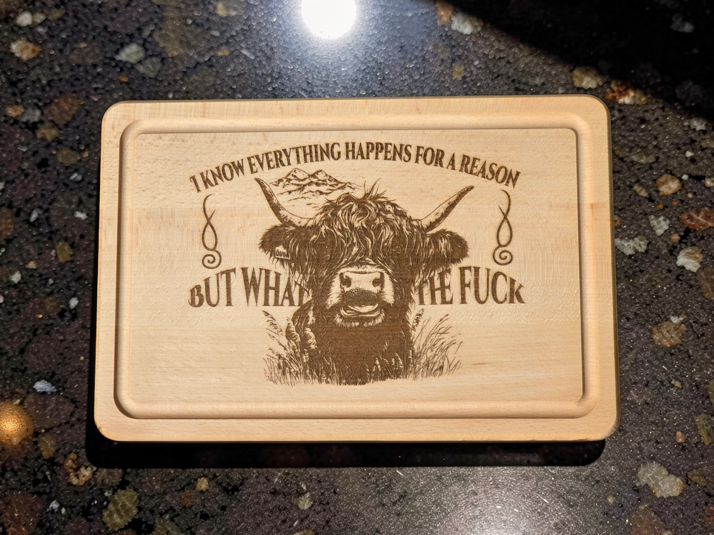 "What the F**k" Beech Wood Chopping Board - Highland Cow