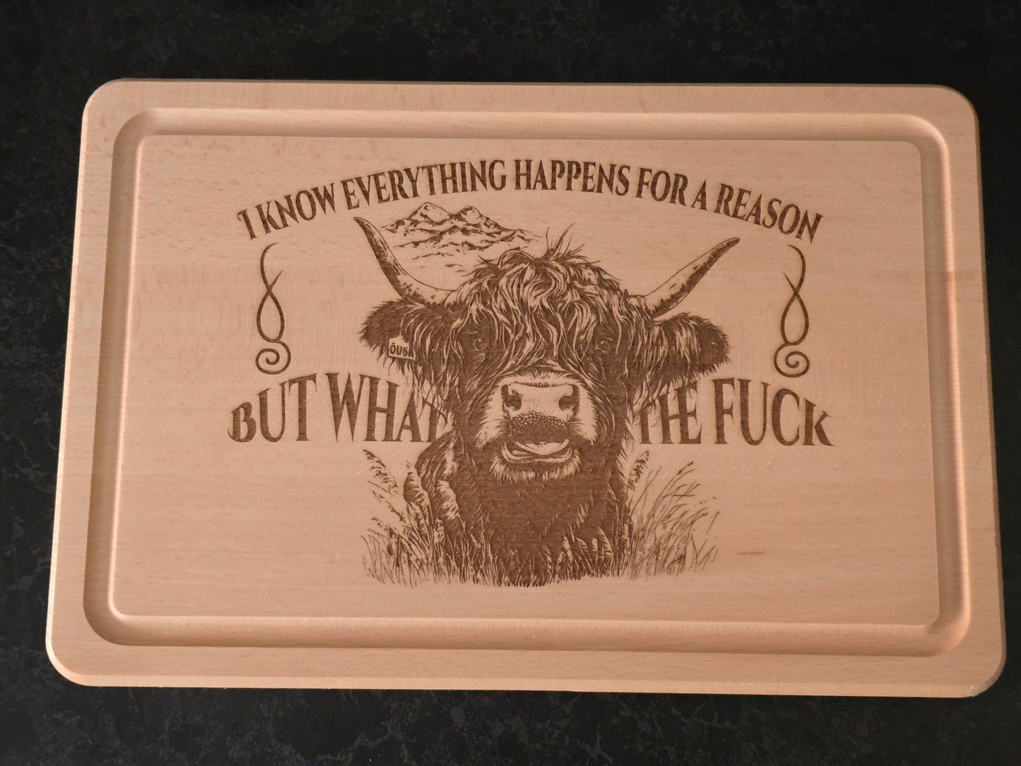 "What the F**k" Beech Wood Chopping Board - Highland Cow