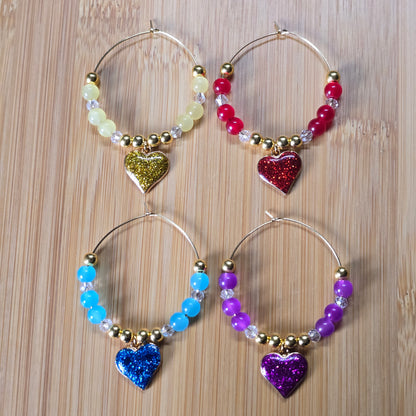 Glitter Heart Wine Glass Charms - Set of 4