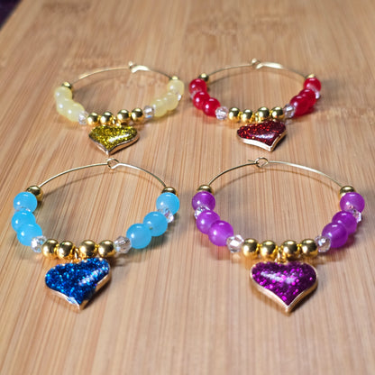 Glitter Heart Wine Glass Charms - Set of 4