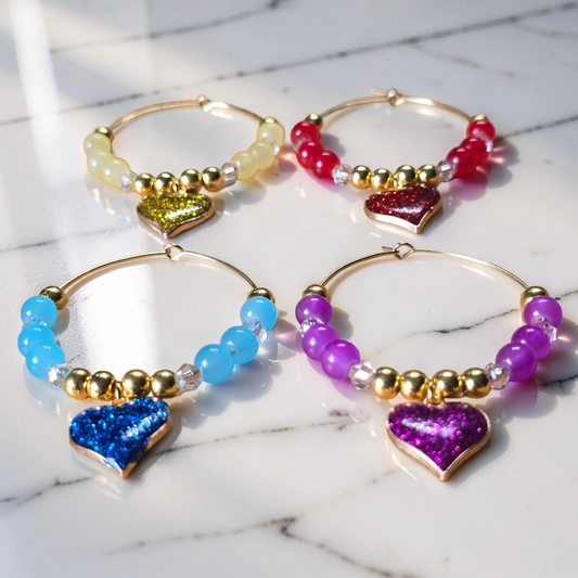 Glitter Heart Wine Glass Charms - Set of 4