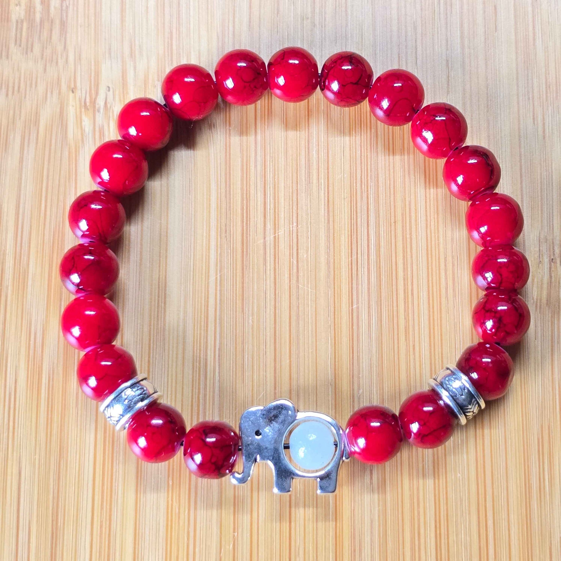 Red Marble Effect Beaded Elephant Bracelet - 6 inch