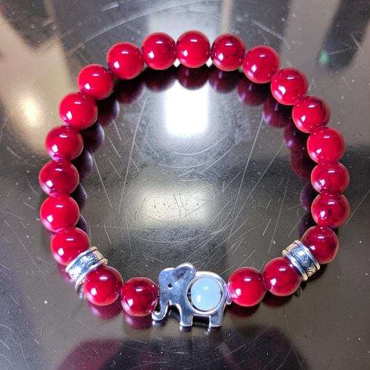 Red Marble Effect Beaded Elephant Bracelet - 6 inch