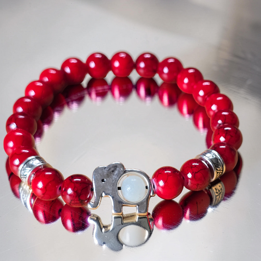 Red Marble Effect Beaded Elephant Bracelet - 6 inch