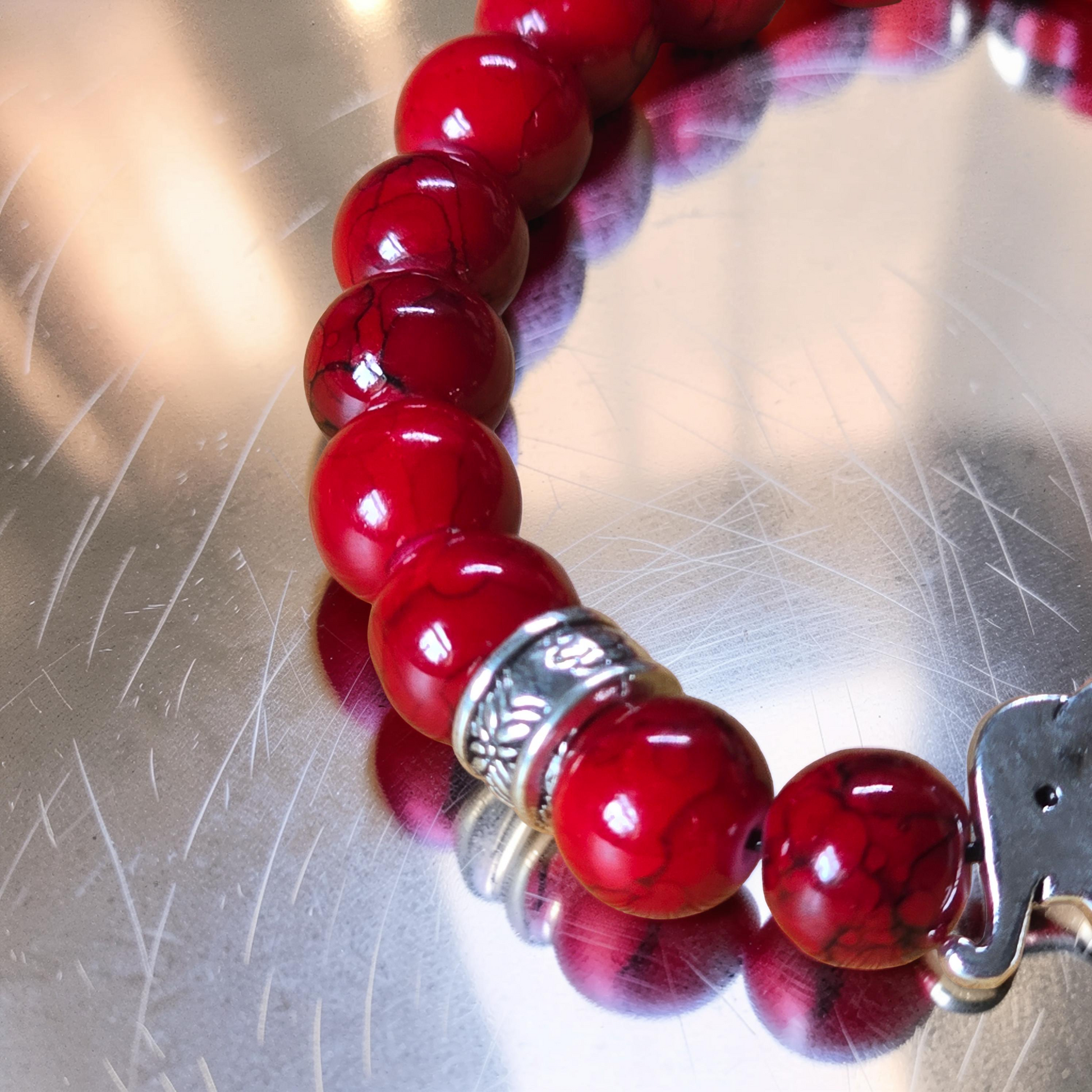 Red Marble Effect Beaded Elephant Bracelet - 6 inch