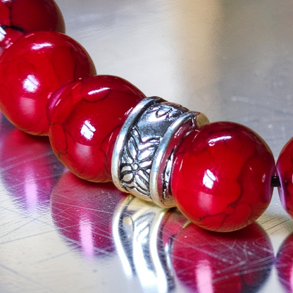 Red Marble Effect Beaded Elephant Bracelet - 6 inch