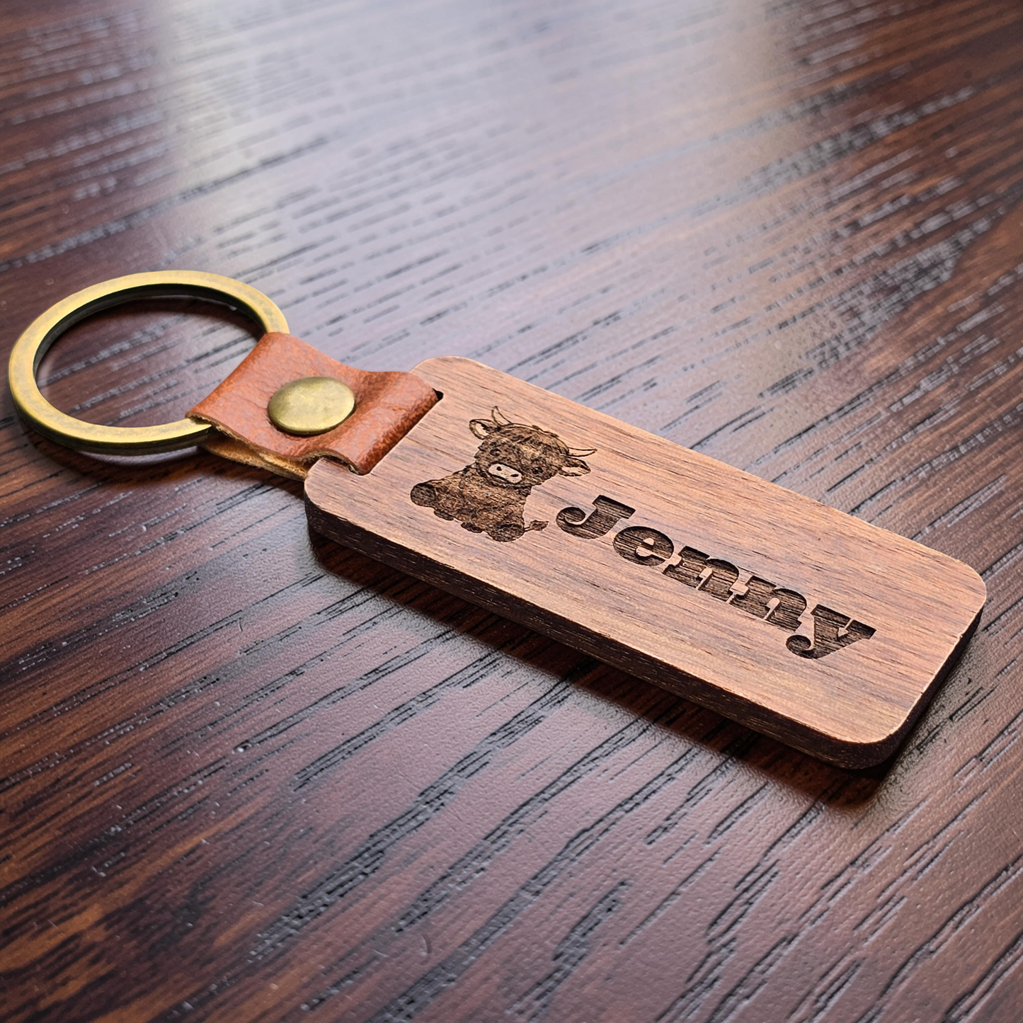 Personalised highland cow wooden bag tag / keyring